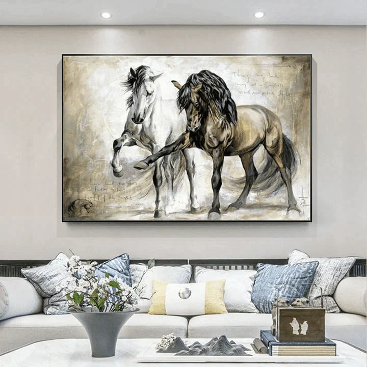 Couple Landscape Canvas - Horse Couple Black And White Premium Wrapped Canvas - Gift For Couple, Spouse, Lover - Amzanimalsgift