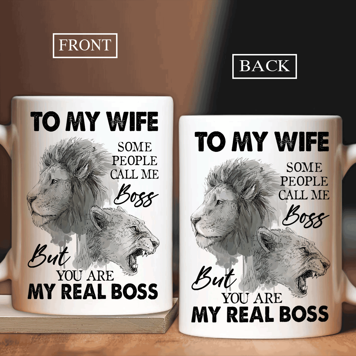 Couple Mug, Family Mug - Valentine's Day Gift For Husband, Wife, Partner, Couple - Lion Mug, To My Wife, People Call Me Boss You Are My Real Boss Mug - Amzanimalsgift