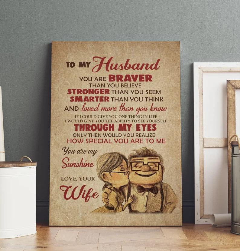 Couple Portrait Canvas - To My Husband You Are Braver, You Are My Sunshine Canvas - Perfect Gift For Husband From Wife - Amzanimalsgift