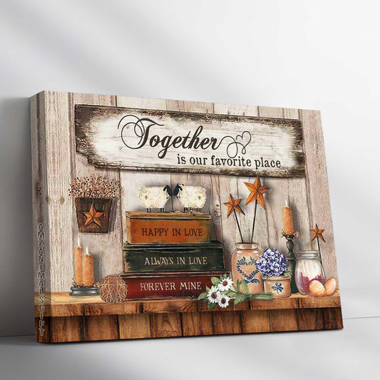 Couple Premium Wrapped Landscape Canvas - Antique Book, Vintage Room, Flower Painting, Together Is Our Favorite Place - Gift For Couple, Lovers - Amzanimalsgift