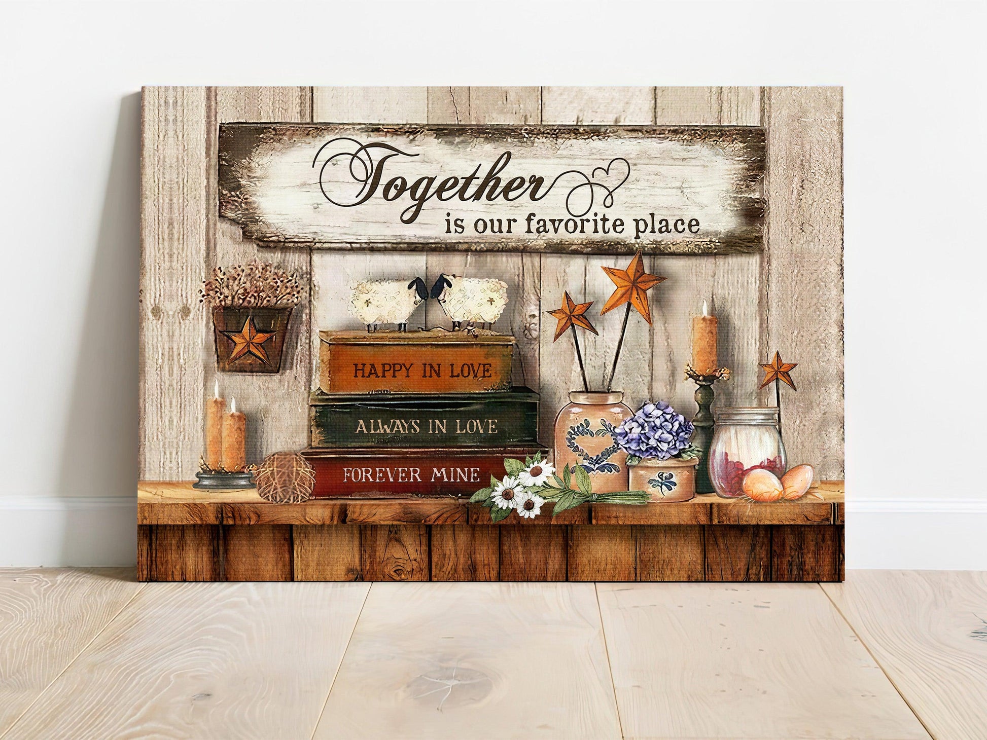 Couple Premium Wrapped Landscape Canvas - Antique Book, Vintage Room, Flower Painting, Together Is Our Favorite Place - Gift For Couple, Lovers - Amzanimalsgift