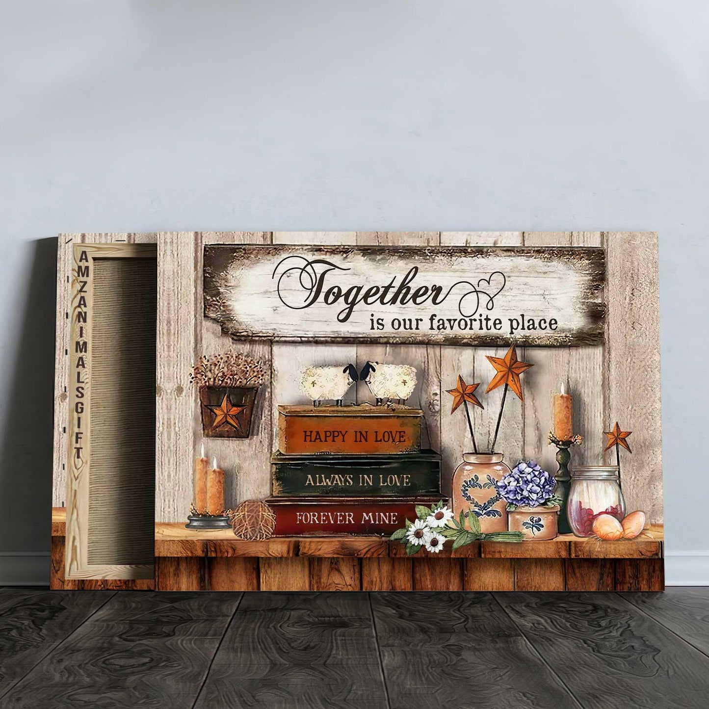 Couple Premium Wrapped Landscape Canvas - Antique Book, Vintage Room, Flower Painting, Together Is Our Favorite Place - Gift For Couple, Lovers - Amzanimalsgift