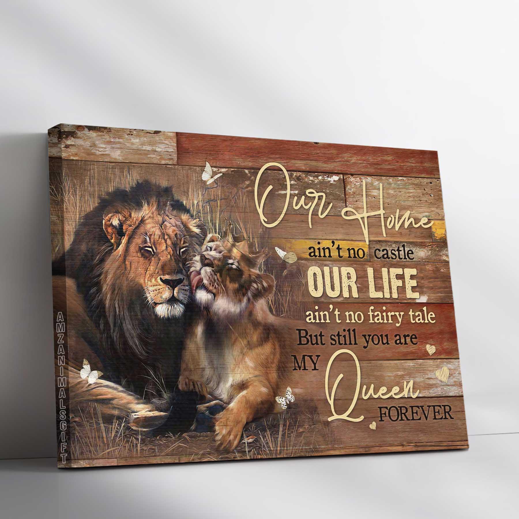 Couple Premium Wrapped Landscape Canvas - Beautiful Couple Lion Drawing, Rice Field, You Are My Queen Forever - Gift For Couple, Lovers - Amzanimalsgift