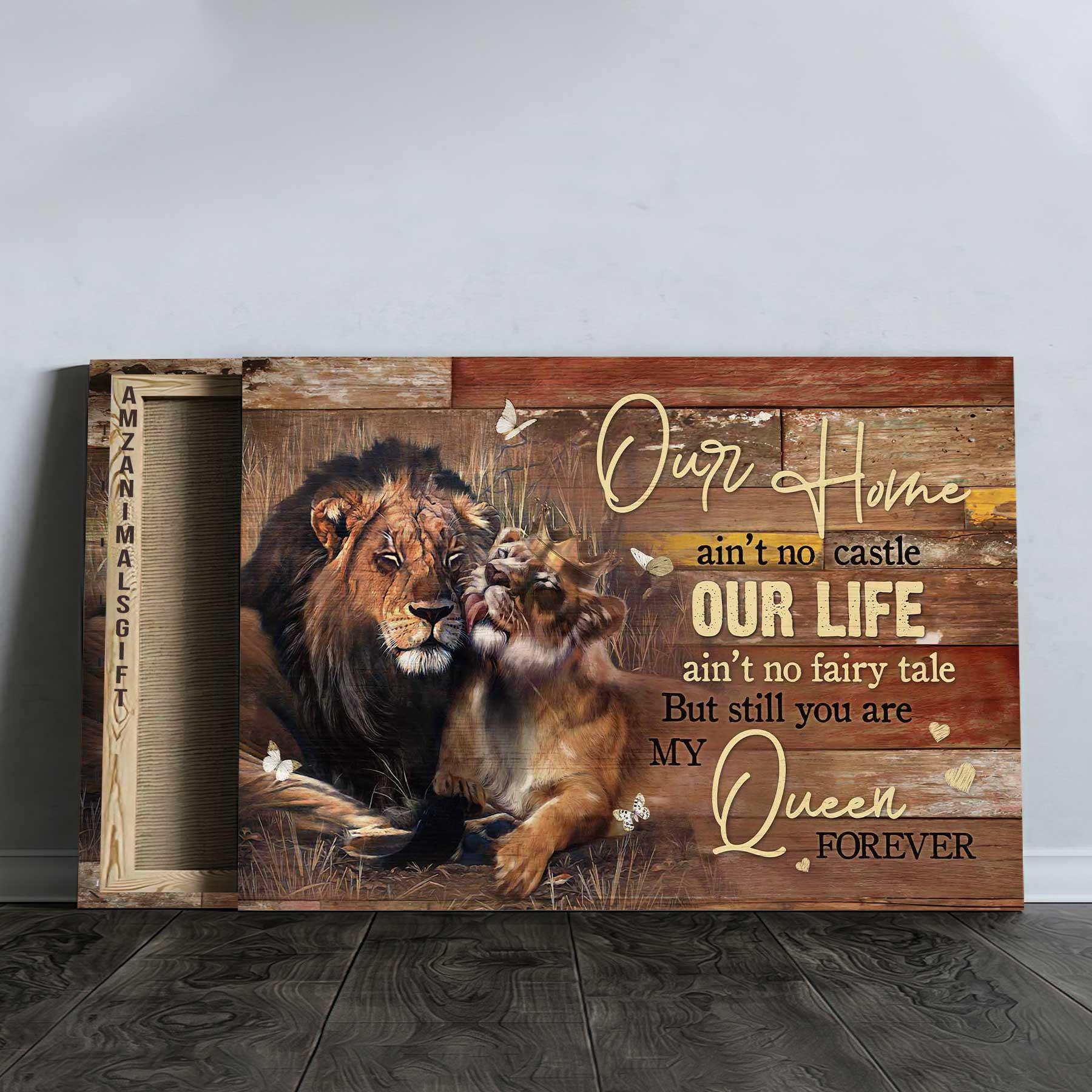 Couple Premium Wrapped Landscape Canvas - Beautiful Couple Lion Drawing, Rice Field, You Are My Queen Forever - Gift For Couple, Lovers - Amzanimalsgift