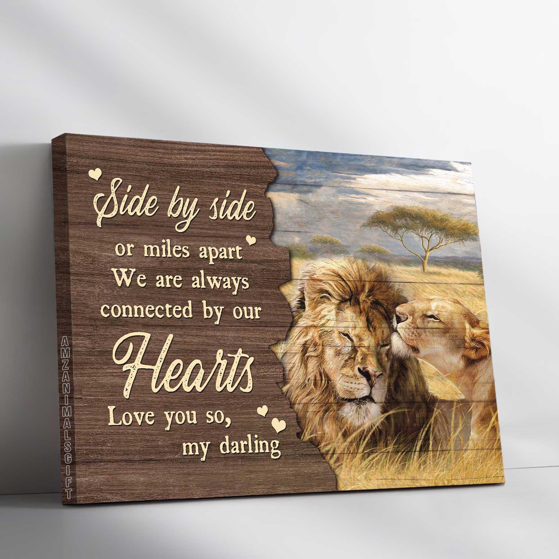Couple Premium Wrapped Landscape Canvas - Beautiful Lion Drawing, Rice Field, We Are Always Connected By Our Hearts - Gift For Couple, Spouse - Amzanimalsgift