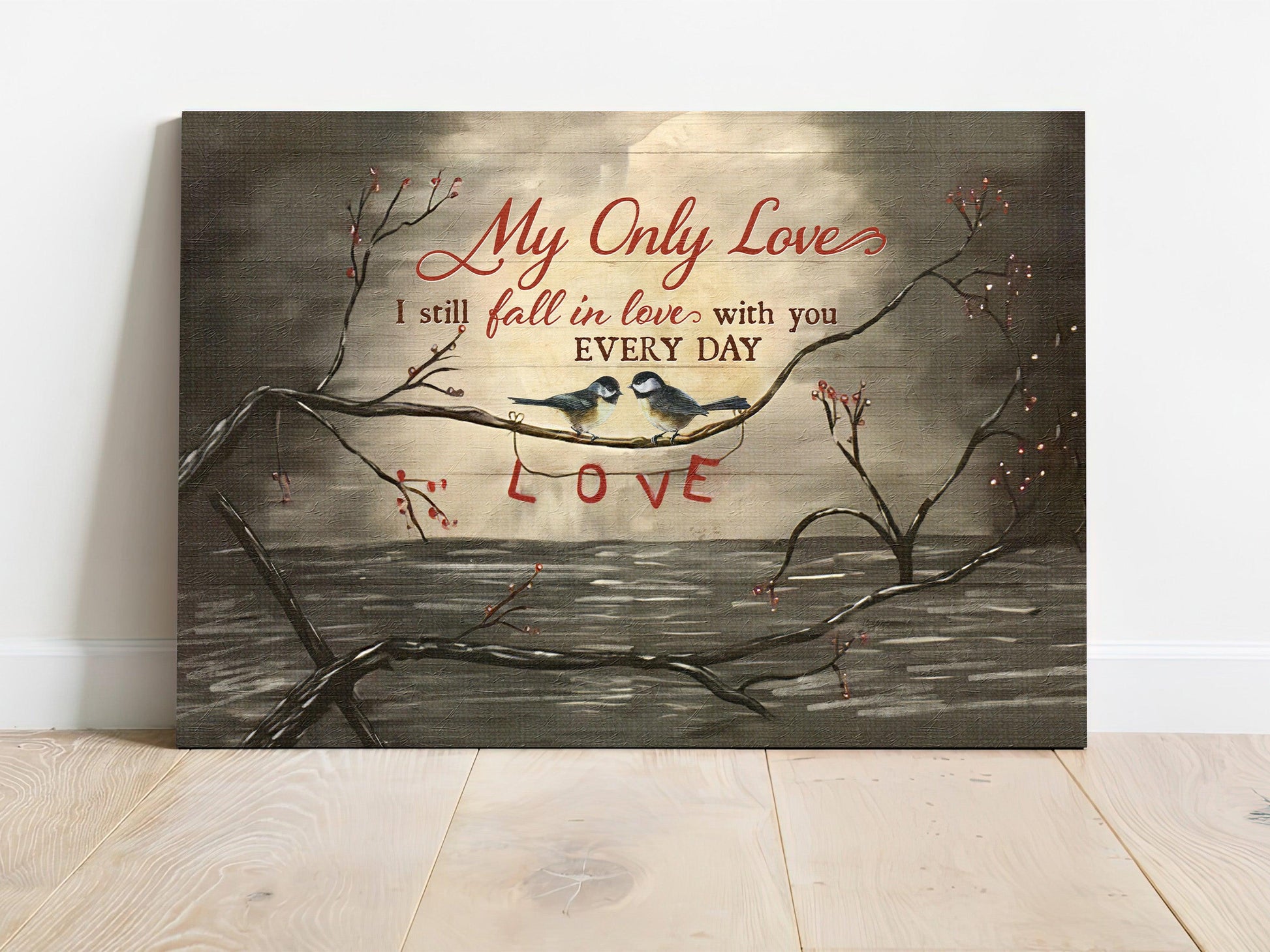 Couple Premium Wrapped Landscape Canvas - Bird Drawing, Cranberry Tree, I Still Falling In Love With You Every Day - Perfect Gift For Couple, Lovers - Amzanimalsgift