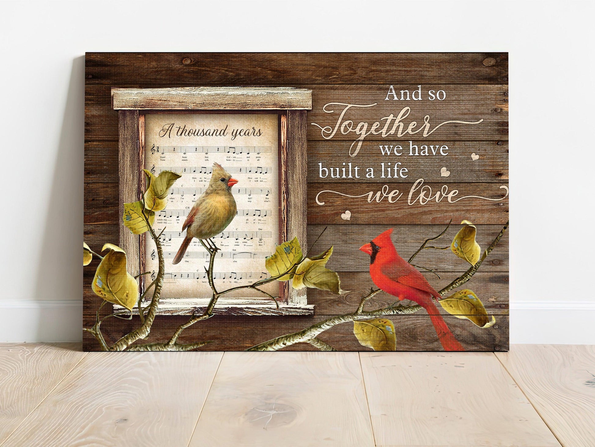 Couple Premium Wrapped Landscape Canvas - Cardinal Couple, Music Sheet, And So Together We Have Built A Life We Love - Gift For Couple, Spouse - Amzanimalsgift