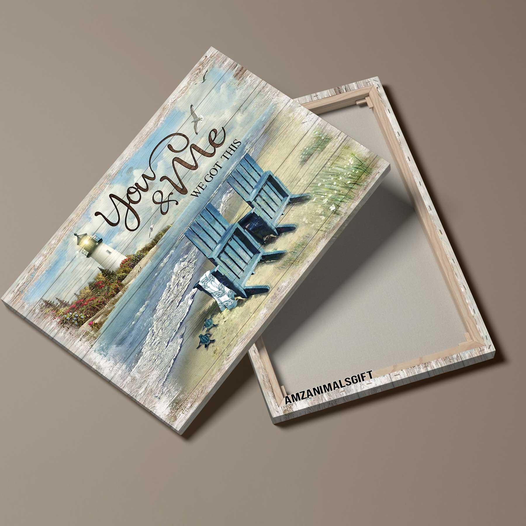 Couple Premium Wrapped Landscape Canvas - Lighthouse, Couple Chair, Little turtle, Sand beach, You & Me We Got This - Perfect Gift For Couple, Lovers - Amzanimalsgift