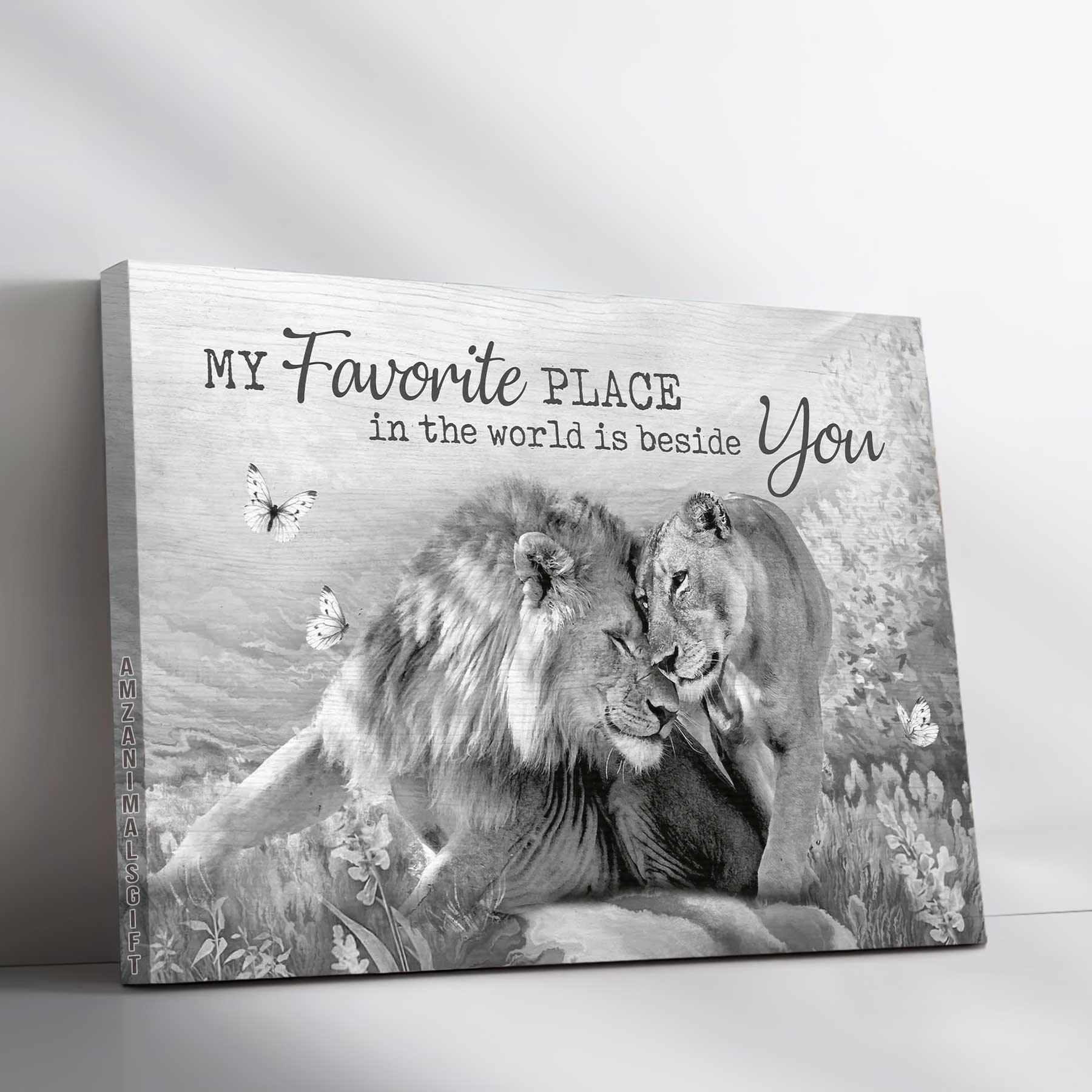 Couple Premium Wrapped Landscape Canvas - Lion Couple, A Peaceful Time, My Favorite Place In This World Is Beside You Anniversary Gift For Couple - Amzanimalsgift