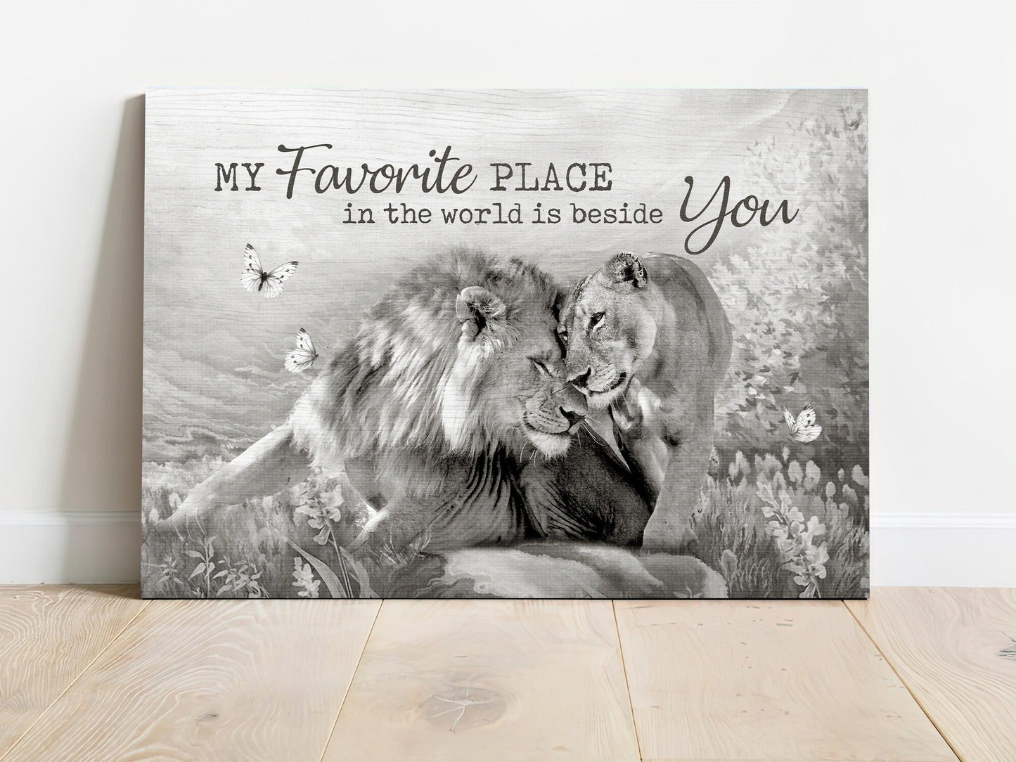 Couple Premium Wrapped Landscape Canvas - Lion Couple, A Peaceful Time, My Favorite Place In This World Is Beside You Anniversary Gift For Couple - Amzanimalsgift