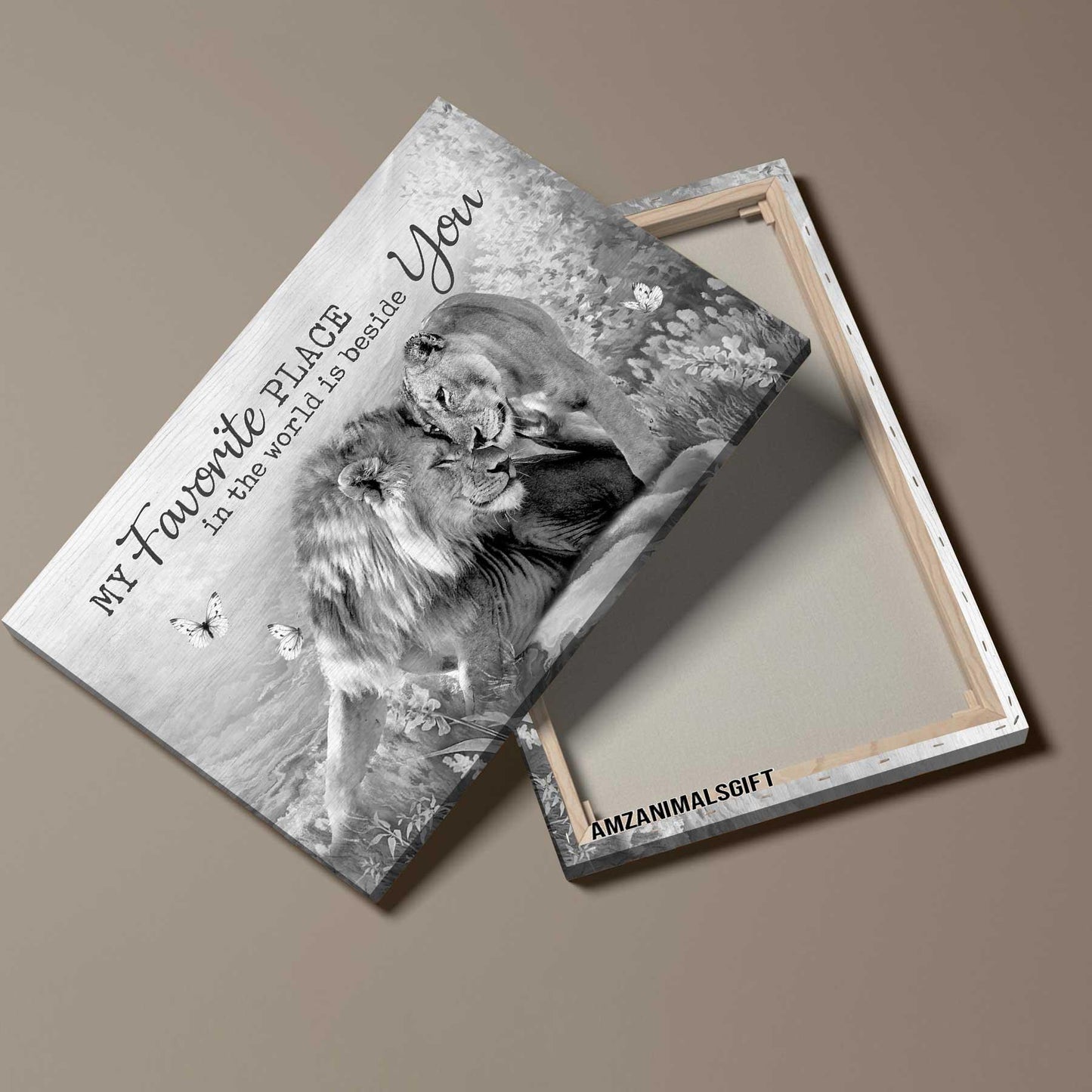 Couple Premium Wrapped Landscape Canvas - Lion Couple, A Peaceful Time, My Favorite Place In This World Is Beside You Anniversary Gift For Couple - Amzanimalsgift