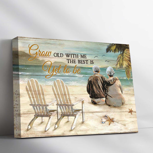 Couple Premium Wrapped Landscape Canvas - Old Couple, Sitting On The Beach, Beach Chairs, Grow Old With Me - Perfect Gift For Couple, Lovers - Amzanimalsgift