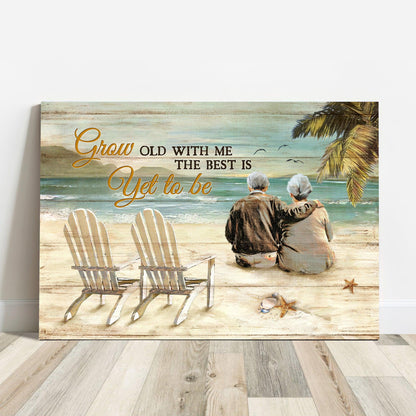 Couple Premium Wrapped Landscape Canvas - Old Couple, Sitting On The Beach, Beach Chairs, Grow Old With Me - Perfect Gift For Couple, Lovers - Amzanimalsgift