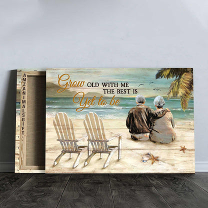Couple Premium Wrapped Landscape Canvas - Old Couple, Sitting On The Beach, Beach Chairs, Grow Old With Me - Perfect Gift For Couple, Lovers - Amzanimalsgift