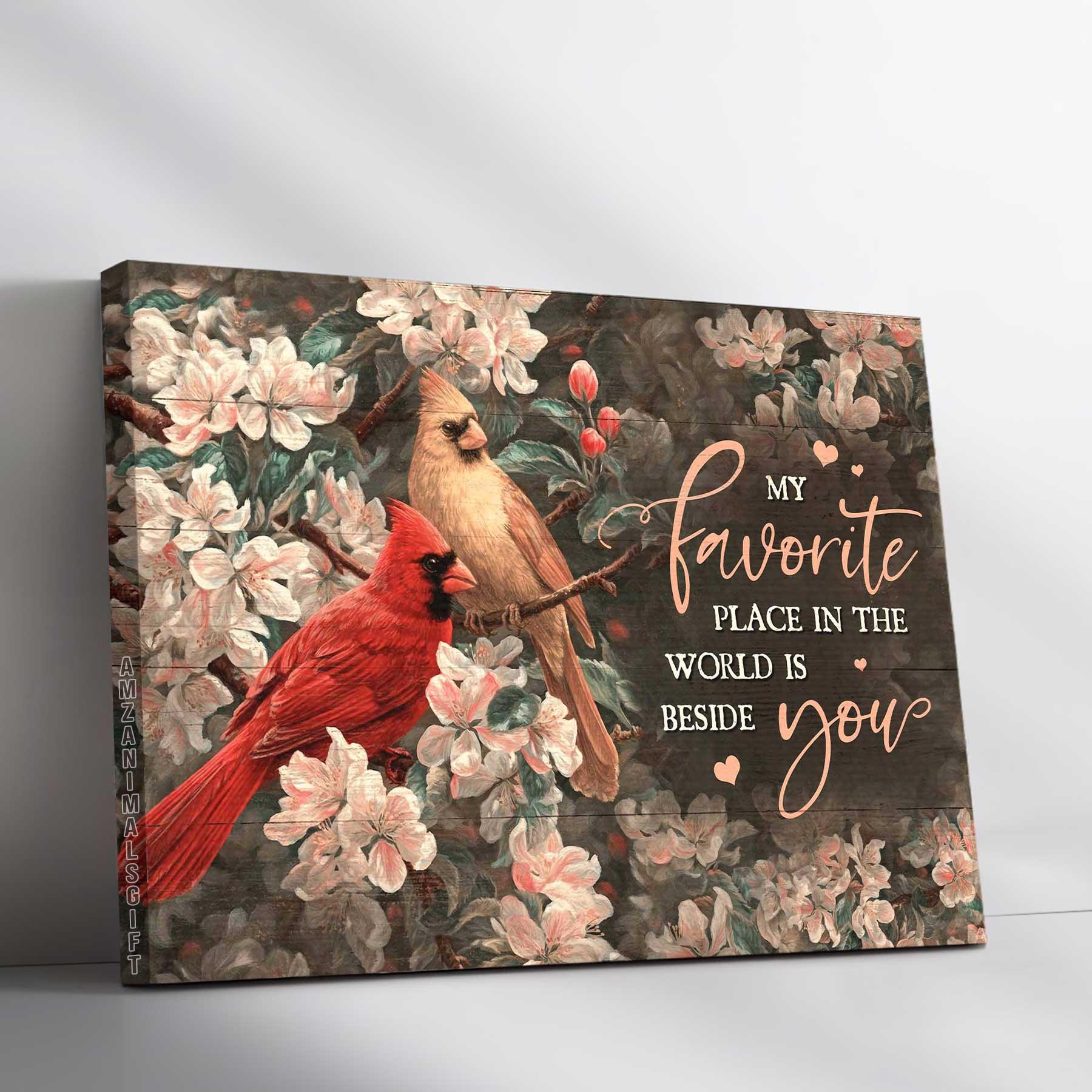 Couple Premium Wrapped Landscape Canvas - Pink Flower Garden, Watercolor Cardinal, My Favorite Place In The World Is Beside You - Gift For Couple - Amzanimalsgift