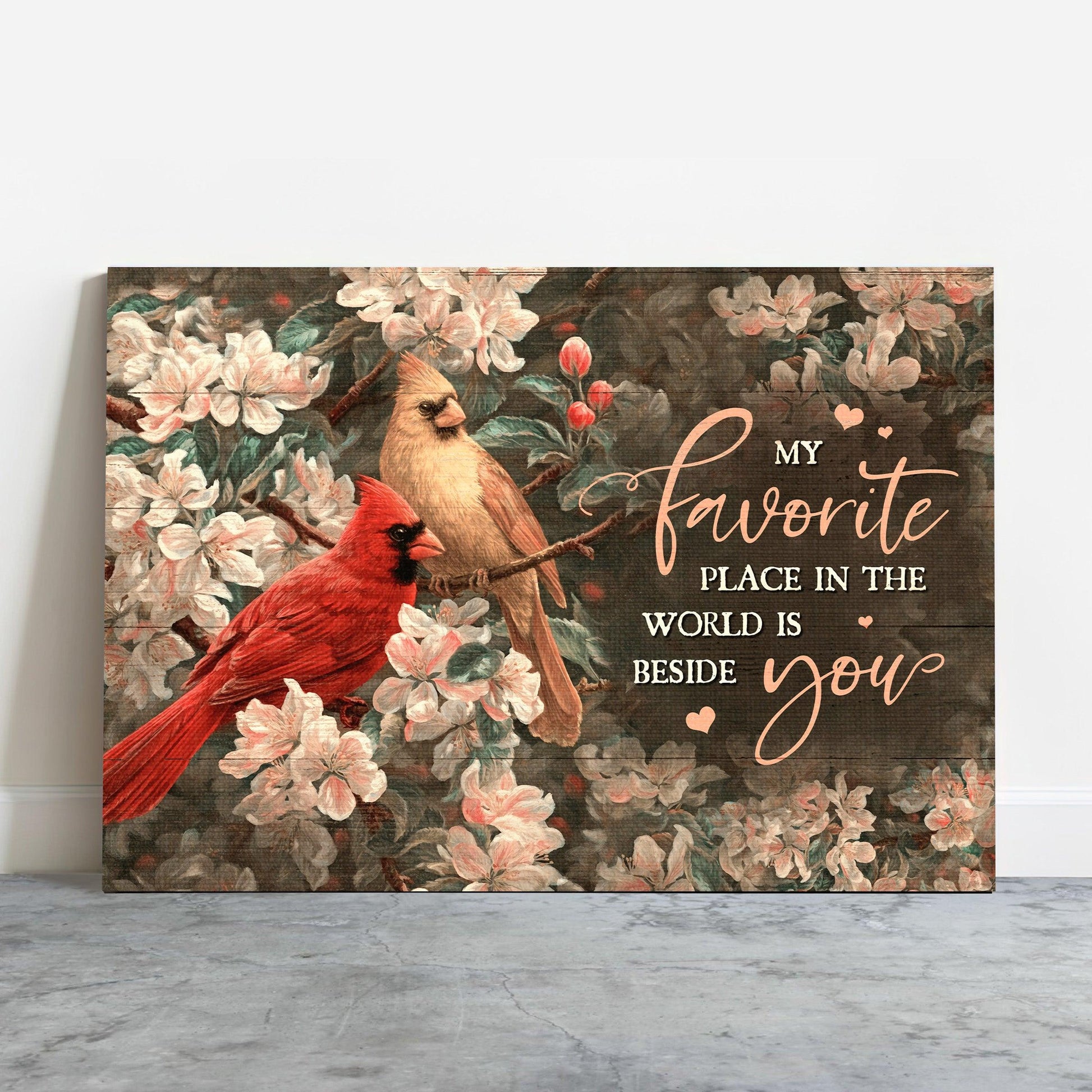 Couple Premium Wrapped Landscape Canvas - Pink Flower Garden, Watercolor Cardinal, My Favorite Place In The World Is Beside You - Gift For Couple - Amzanimalsgift