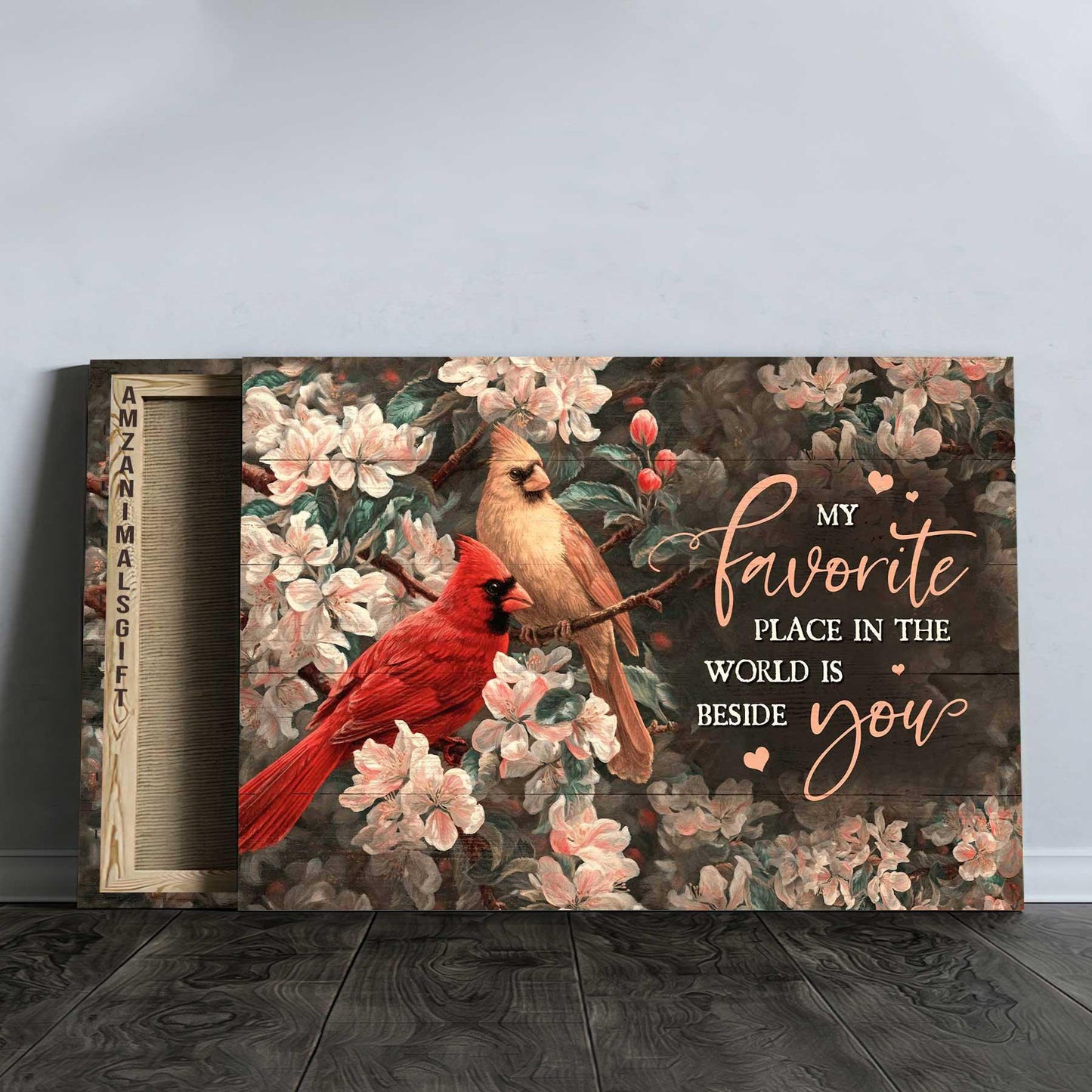 Couple Premium Wrapped Landscape Canvas - Pink Flower Garden, Watercolor Cardinal, My Favorite Place In The World Is Beside You - Gift For Couple - Amzanimalsgift