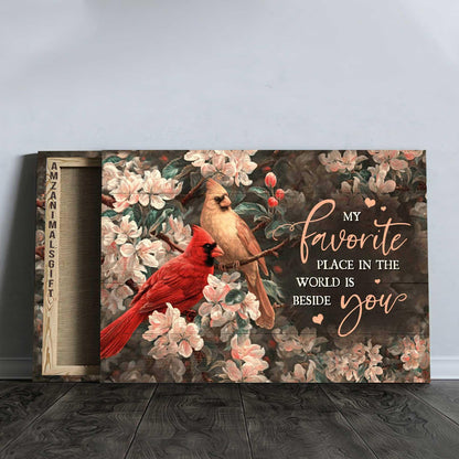 Couple Premium Wrapped Landscape Canvas - Pink Flower Garden, Watercolor Cardinal, My Favorite Place In The World Is Beside You - Gift For Couple - Amzanimalsgift