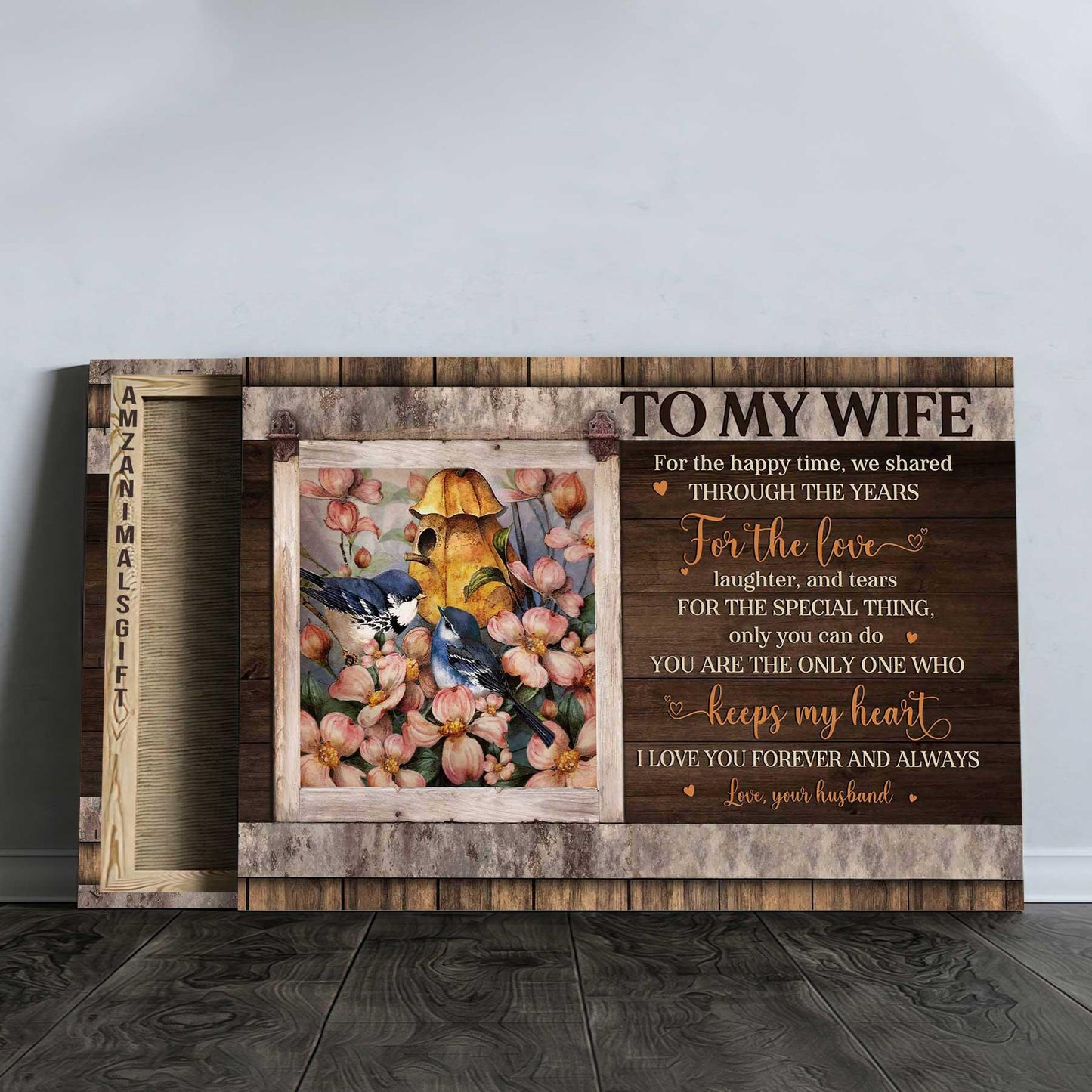 Couple Premium Wrapped Landscape Canvas - To My Wife, Vintage Flower, Couple Bird, I Love You Forever And Always - Perfect Gift For Wife, Couple, Spouse - Amzanimalsgift