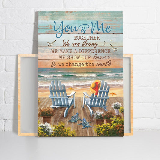 Couple Premium Wrapped Portrait Canvas - Blue Chairs, Ocean Painting, Orange Sunset, You And Me Together - Perfect Gift For Couple, Lovers, Spouse - Amzanimalsgift