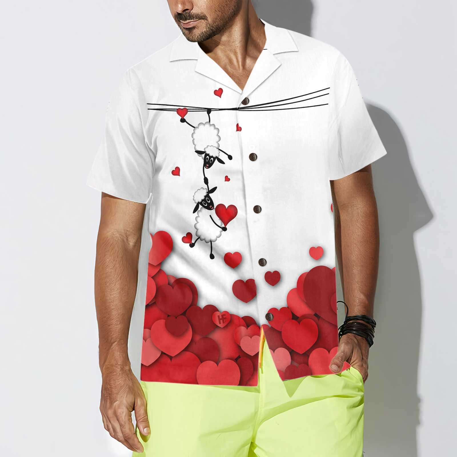 Couple Sheep Aloha Hawaiian Shirt For Summer, Valentine Sheep With Red Hearts Hawaiian Shirt For Men Women Adults, Valentine Day Gift For Couples - Amzanimalsgift