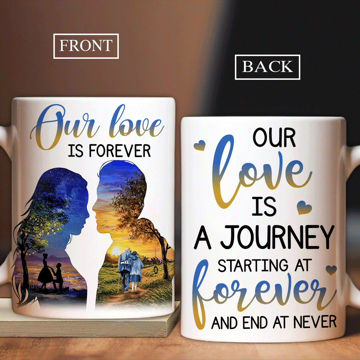 Couple White Mug- Orange sunset, Beautiful night, Old couple walking- Gift for couple, lover- Our love is a journey - White Mug - Amzanimalsgift