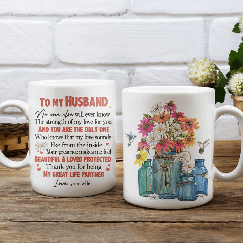 Couple White Mug - To my husband, Beautiful flower artwork - Gift for Husband, couple, lover - Thank you for being my great life partner - Family Mug - Amzanimalsgift