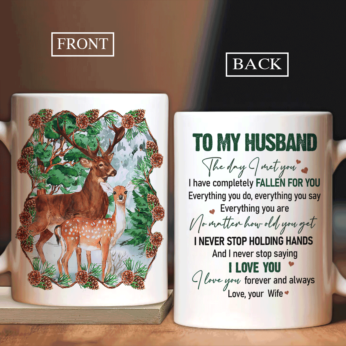 Couple White Mug - To my husband, Cute deer drawing, Green forest- Gift for Husband, couple, lover- I love you forever and always - Family White Mug - Amzanimalsgift