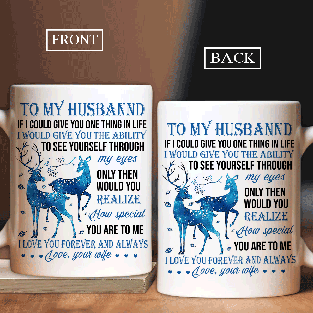 Couple White Mug- To my husband, deer watercolor painting- Gift for Husband, Lover, Couple- I love you forever and always - White Mug - Amzanimalsgift