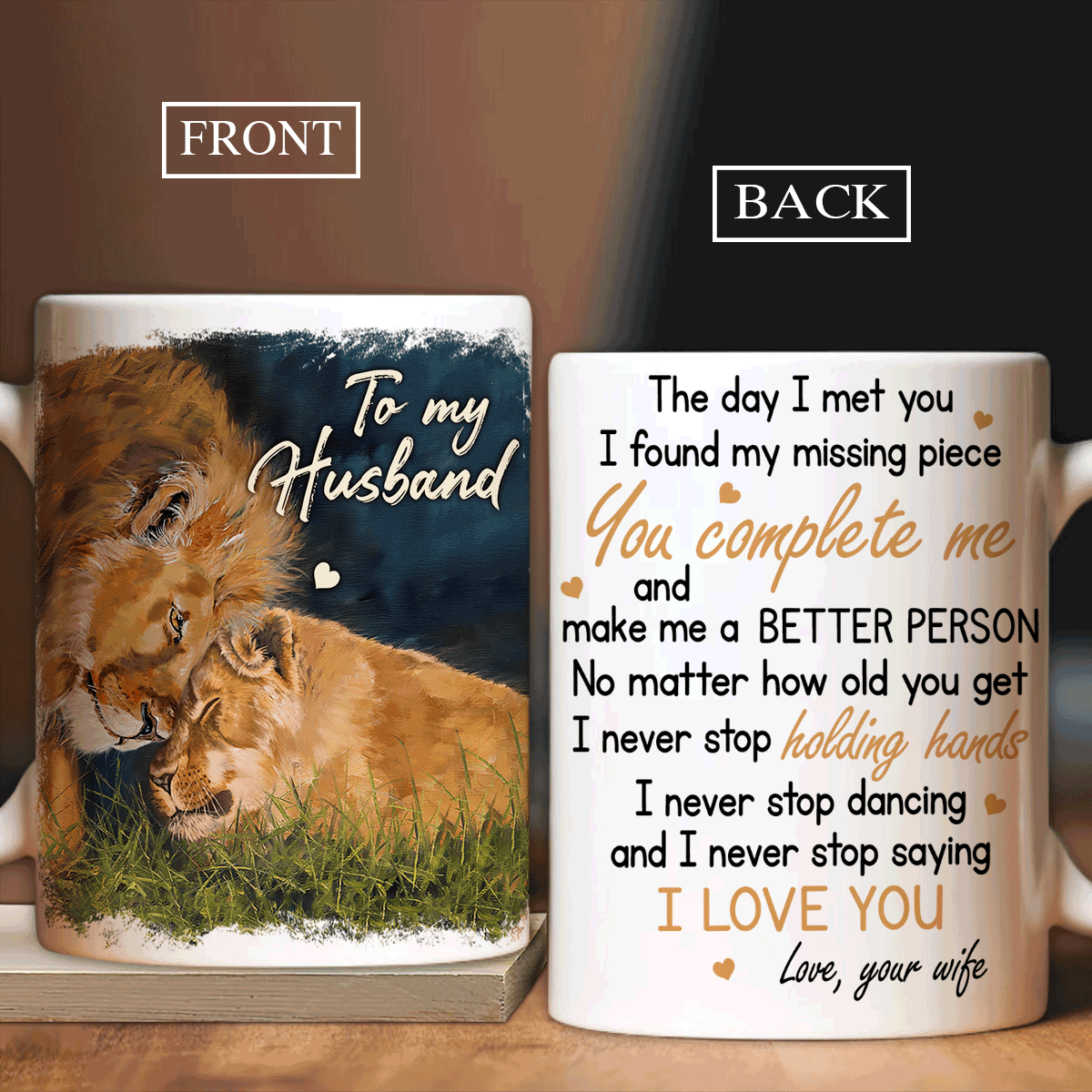 Couple White Mug - To my husband, Watercolor lion, Beautiful night- Gift for Husband, couple , lover - I never stop saying I love you - White Mug - Amzanimalsgift