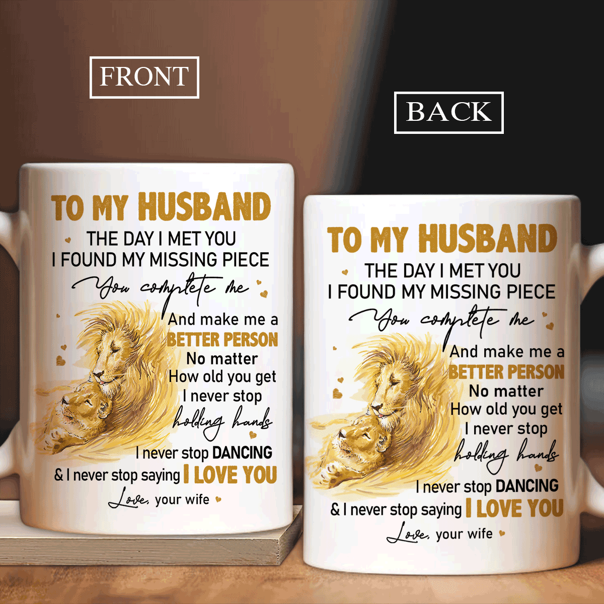 Couple White Mug - To my husband, Yellow lion drawing- Gift for Husband, lover, couple- I never stop saying I love you - White Mug - Amzanimalsgift