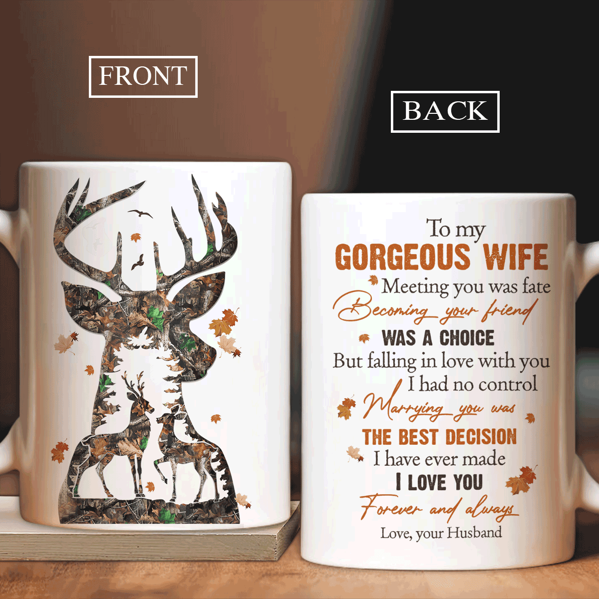 Couple White Mug - To my wife, Brown deer drawing, Maple leaf- Gift for couple, lover- I love you forever and always - Family White Mug - Amzanimalsgift