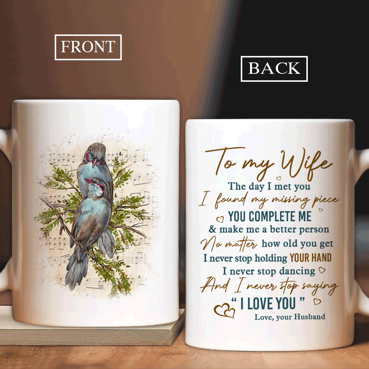 Couple White Mug - To my wife, Colorful birds, Sheet music- Gift for couple, lover- I never stop holding your hand - White Mug - Amzanimalsgift