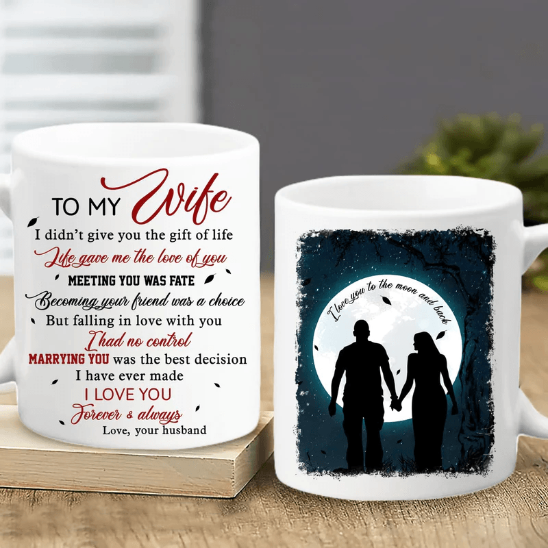 Couple White Mug - To my wife, Couple holding hands, Full-moon night- Gift for Wife, couple, lover - I love you to the moon and back Mug - Amzanimalsgift