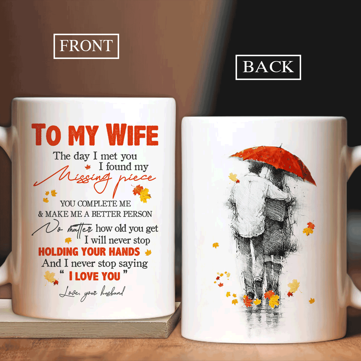 Couple White Mug - To my wife, Couple walking, Red umbrella - Gift for couple, lover - The day I met you I found my missing piece - White Mug - Amzanimalsgift