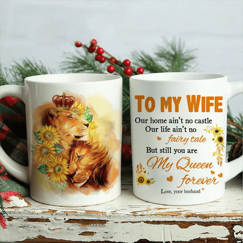 Couple White Mug - To my wife, Lion king, Sunflower painting - Gift for Wife, lover, couple - You are my queen forever - White Mug - Amzanimalsgift