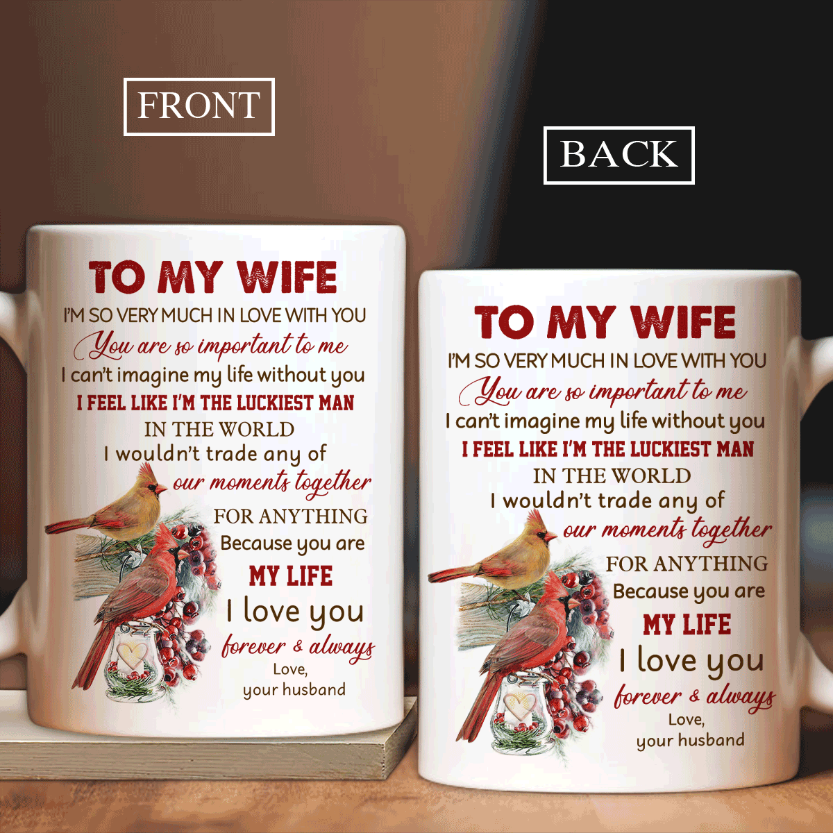 Couple White Mug - To my wife, Lucky cardinal drawing, Cranberry fruit - Gift for Couple, lover - I Love you forever and always - White Mug - Amzanimalsgift