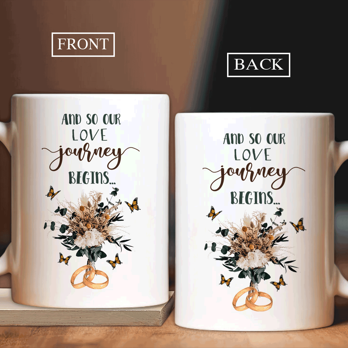 Couple White Mug - Wedding rings, Wedding flower Mug - Gift for Couple, Lover - And so our love journey begins White Mug - Amzanimalsgift