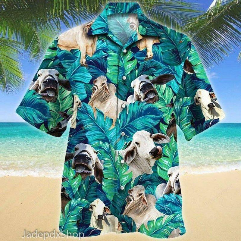 Cow Aloha Hawaiian Shirt - Brahman Cow Pattern Hawaiian Shirt, Tropical Leaf Pattern Hawaiian Shirt For Men & Women, Cow Lover - Amzanimalsgift