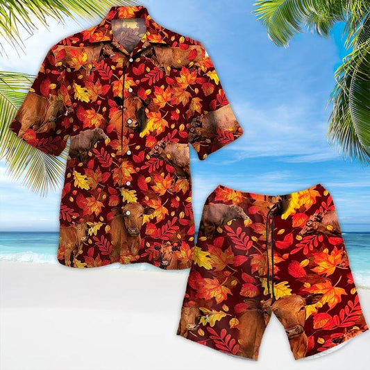 Cow Aloha Hawaiian Shirt - Brown Cow Autumn Leaves Pattern Hawaiian Shirt, Autumn Leaves Hawaiian Shirt For Men & Women, Cow Lover - Amzanimalsgift