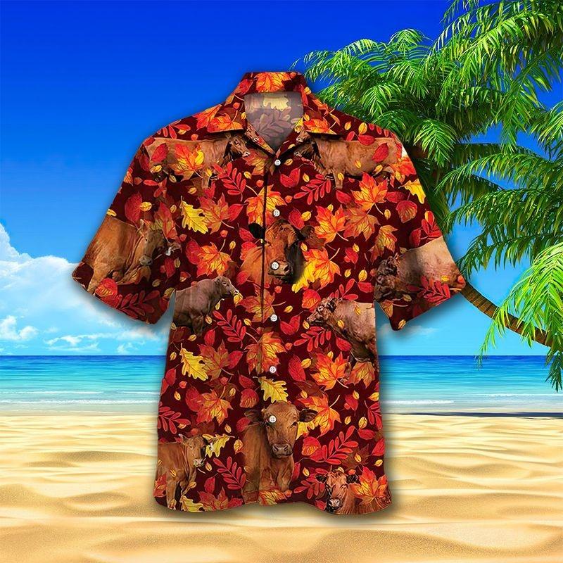 Cow Aloha Hawaiian Shirt - Brown Cow Autumn Leaves Pattern Hawaiian Shirt, Autumn Leaves Hawaiian Shirt For Men & Women, Cow Lover - Amzanimalsgift