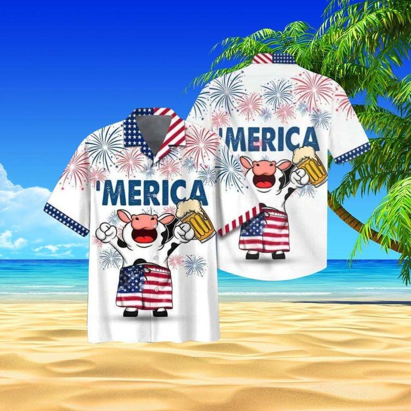 Cow Aloha Hawaiian Shirt - Funny Cow And Beer Hawaiian Shirt, Fireworks US Flag Hawaiian Shirt For Men & Women, Cow Lover - Amzanimalsgift