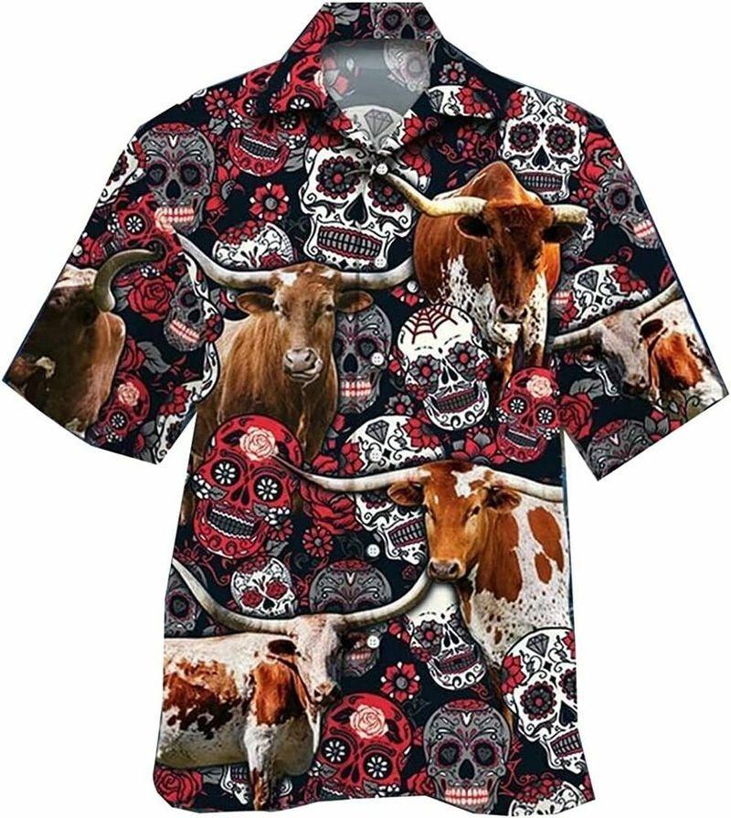 Cow Aloha Hawaiian Shirt - Longhorn Cow Hawaiian Shirt, Skull Hawaiian Shirt For Men & Women, Cow Lover - Amzanimalsgift