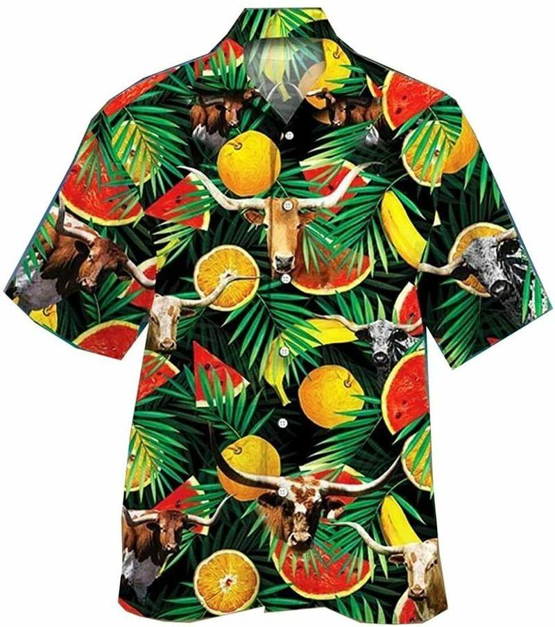 Cow Aloha Hawaiian Shirt - Longhorn Cow Hawaiian Shirt, Tropical Fruit Hawaiian Shirt For Men & Women, Cow Lover - Amzanimalsgift