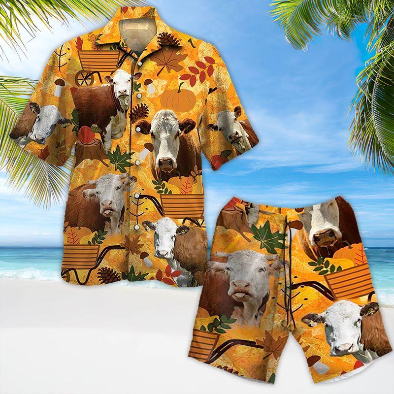Cow Aloha Hawaiian Shirts For Summer, Autumn Pattern Hawaiian Set For Men Women, Thanksgiving Gift For Friend, Farmer, Harvest Day, Cow Lovers - Amzanimalsgift