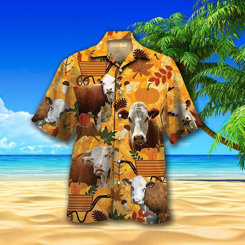 Cow Aloha Hawaiian Shirts For Summer, Autumn Pattern Hawaiian Set For Men Women, Thanksgiving Gift For Friend, Farmer, Harvest Day, Cow Lovers - Amzanimalsgift