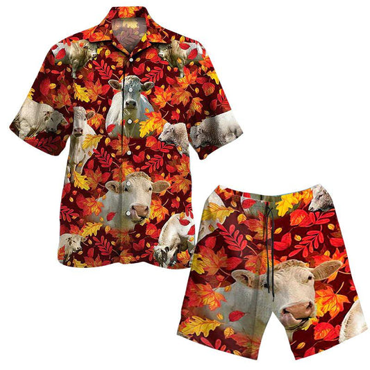 Cow Aloha Hawaiian Shirts For Summer, Cattle Autumn Leaf Pattern Cow Farm Hawaiian Set For Men Women, Gift For Farmer, Thanksgiving Day, Friend - Amzanimalsgift