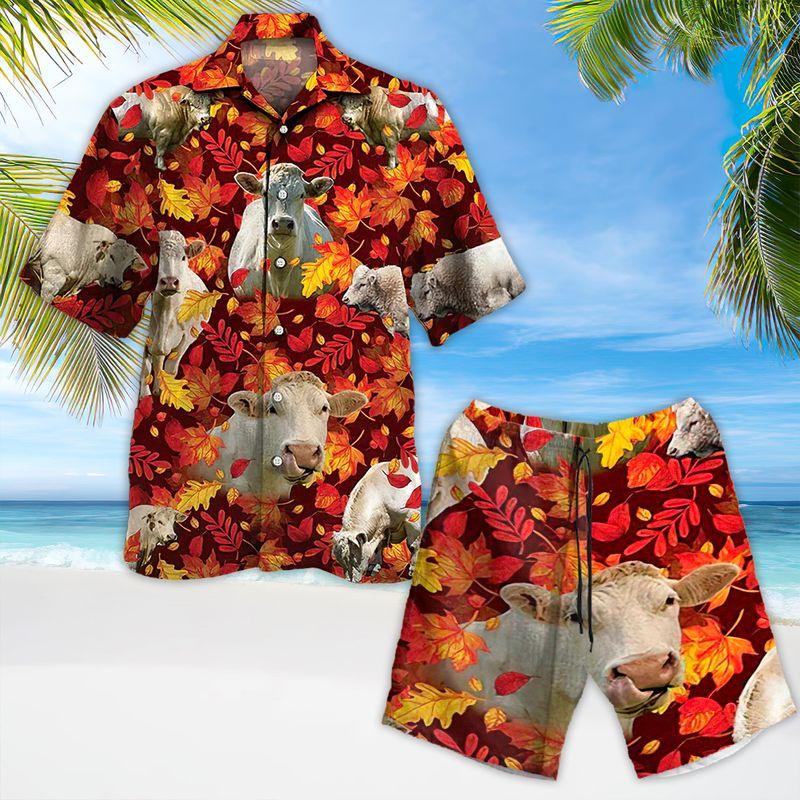 Cow Aloha Hawaiian Shirts For Summer, Cattle Autumn Leaf Pattern Cow Farm Hawaiian Set For Men Women, Gift For Farmer, Thanksgiving Day, Friend - Amzanimalsgift