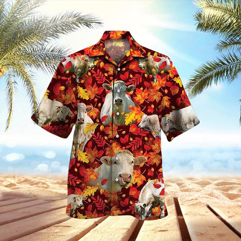 Cow Aloha Hawaiian Shirts For Summer, Cattle Autumn Leaf Pattern Cow Farm Hawaiian Set For Men Women, Gift For Farmer, Thanksgiving Day, Friend - Amzanimalsgift