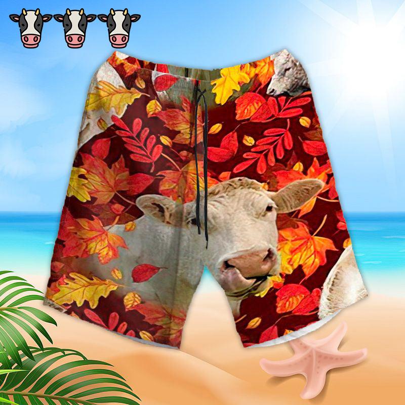 Cow Aloha Hawaiian Shirts For Summer, Cattle Autumn Leaf Pattern Cow Farm Hawaiian Set For Men Women, Gift For Farmer, Thanksgiving Day, Friend - Amzanimalsgift